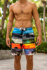 Hang Ten Lined Multicolor Tropical Aloha Swim Surfboard Beach Y2K Shorts Men L
