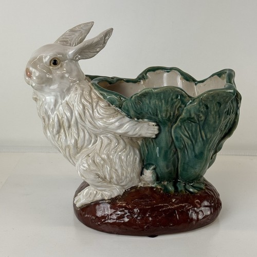 Large White Rabbit Ceramic Planter Flower Pot Vintage Bunny Sculpture Cabbage - Picture 2 of 14