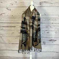 Pashmina Scarf Cashmere Silk Blend Double Sided Fringe Black Tan Floral