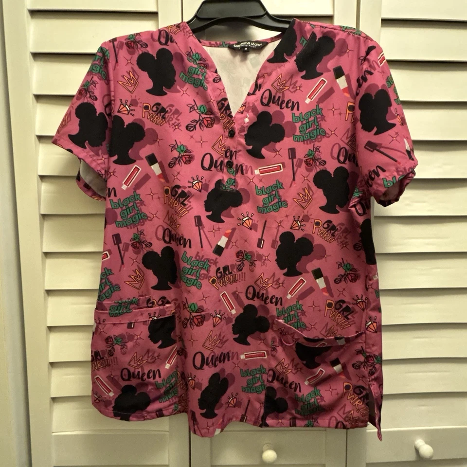 Samantha Mara Scrub Top Women’s Medium Y2K Black Girl Magic 4 Way Soft Stretch - Image 4 of 4