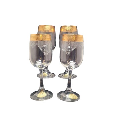 CELLINI Hand Blown Crystal 24 KT Gold  Etched Wine Glasses  6 5/8'' set of 4