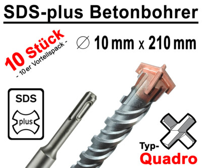 10 Stück SDS-plus Betonbohrer 10 x 210 mm Quadro Bohrer Hammerbohrer Steinbohrer