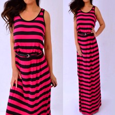 FEVER Pink Black Sleeveless Striped Belted Long Maxi Dress S M Medium