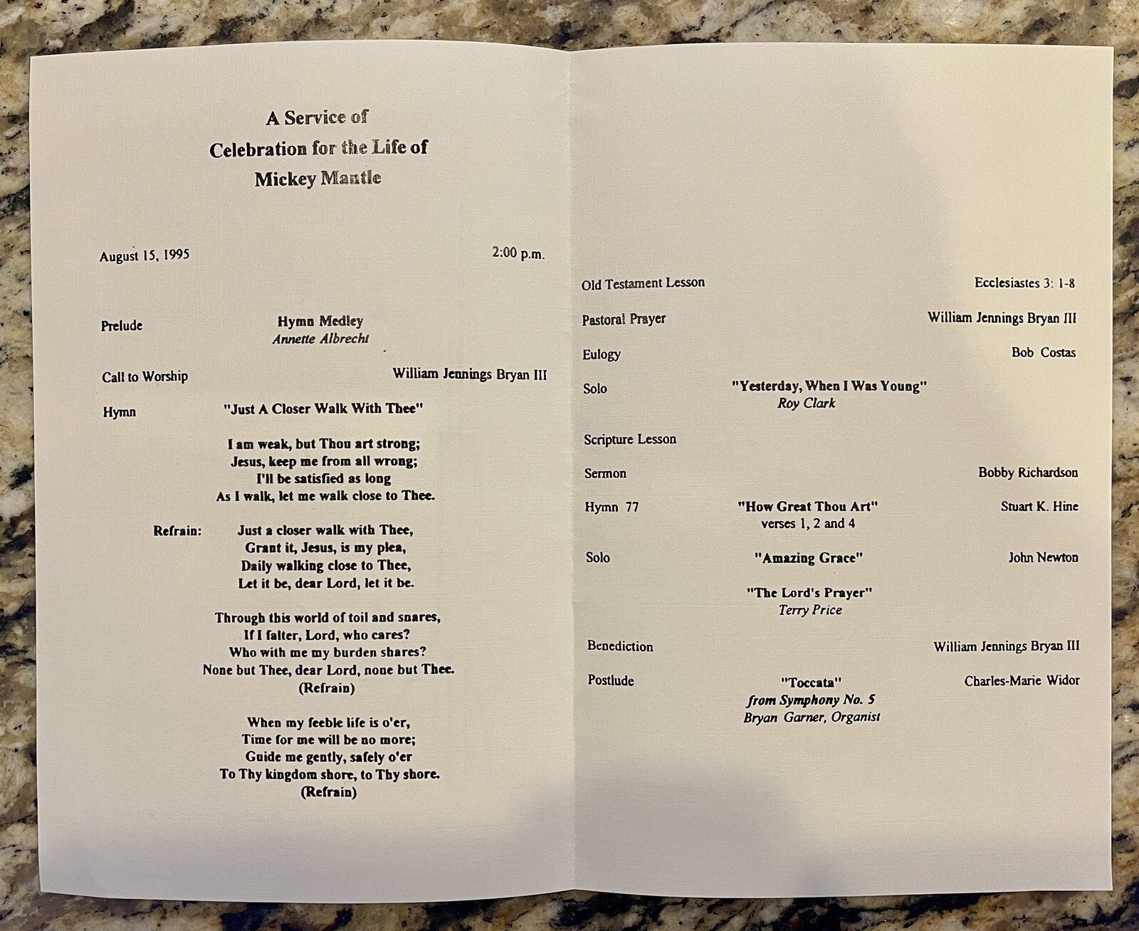 1995 MICKEY MANTLE FUNERAL PROGRAM MEMORIAL PHAMPLET DALLAS TX 8/15/95