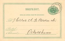 SCHWEDEN 1885 "HVETLANDA" (VETLANDA) K1 glasklar a 5 (FEM) Öre grün GA-Postkarte