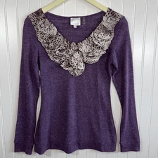 Rabbit Fur Ruffle Trim Sweater Women’s Medium Purple Luluira Animal Print V-Neck