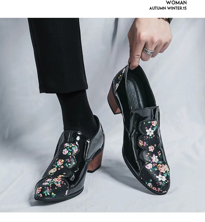 Zapatos de vestir florales de cuero brillante de tacón cubano medio para hombre banquete retazos