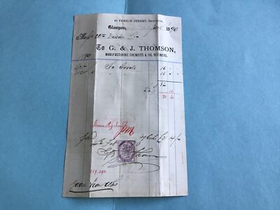 U.K Glasgow G & J Thomson Chemist Oil Refiners 1890 Stamped Receipt R42624