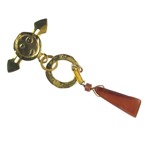 Dangle Brooch Vintage Pin Goldtone Round Hammered Modern Plastic Circle