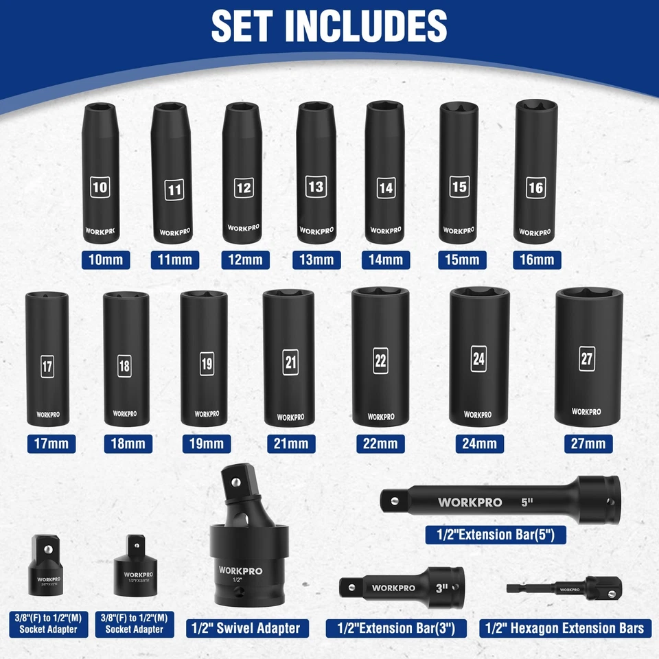 WORKPRO 20Piece 1/2''Drive Deep Impact Socket Set 6-Point Cr-V Steel 10-27mm NEW - Image 3 of 4