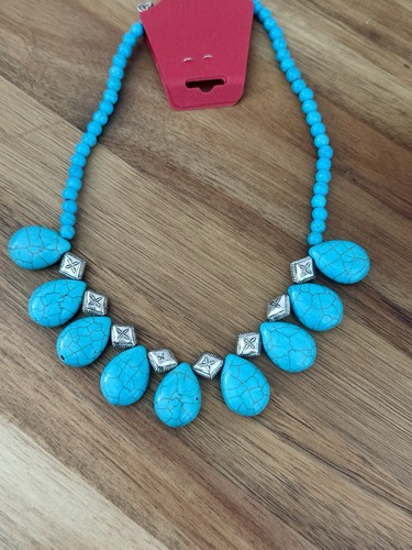 Handmade Artisan Simulated Turquoise & Silver Necklace 17” - Picture 1 of 8