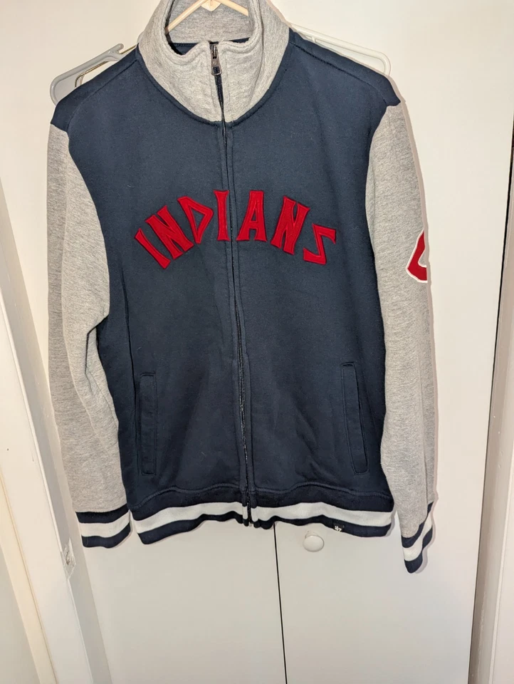 Jaqueta de atletismo masculina 47 marcas Cleveland Indians tamanho P azul cinza zíper completo logotipo liga principal de beisebol  - Imagem 2 de 4