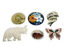 Lot Of 6 Brooches- Hat, Floral, Abstract, Elephant, Victorian And Butterfly 618