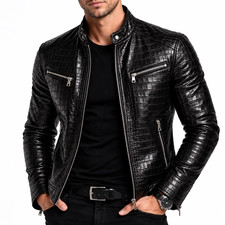 Chaqueta de cuero bombardero negra de cocodrilo en relieve para hombre con...