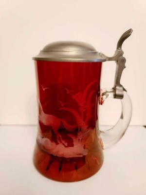 Vtg German Bohemian Red Beer Stein Etched Cut Glass Erbo Zinn Pewter Lid Horse