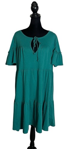 J. Crew Tiered Ruffle Green Shift Dress Size Large Short Puff Sleeves Pockets - Picture 2 of 8