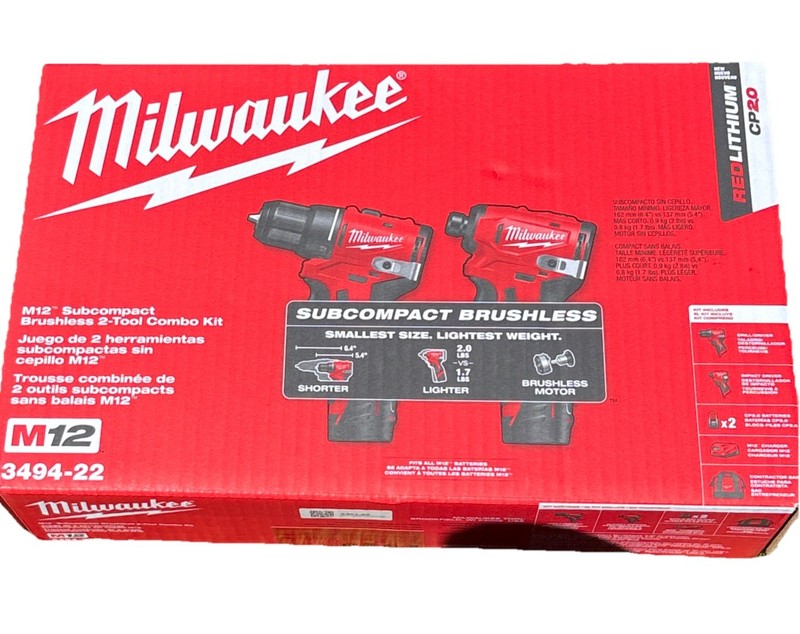 Milwaukee M12 12V 3494-22 Subcompact Brushless 2-Tool Combo Kit Impact & Drill 