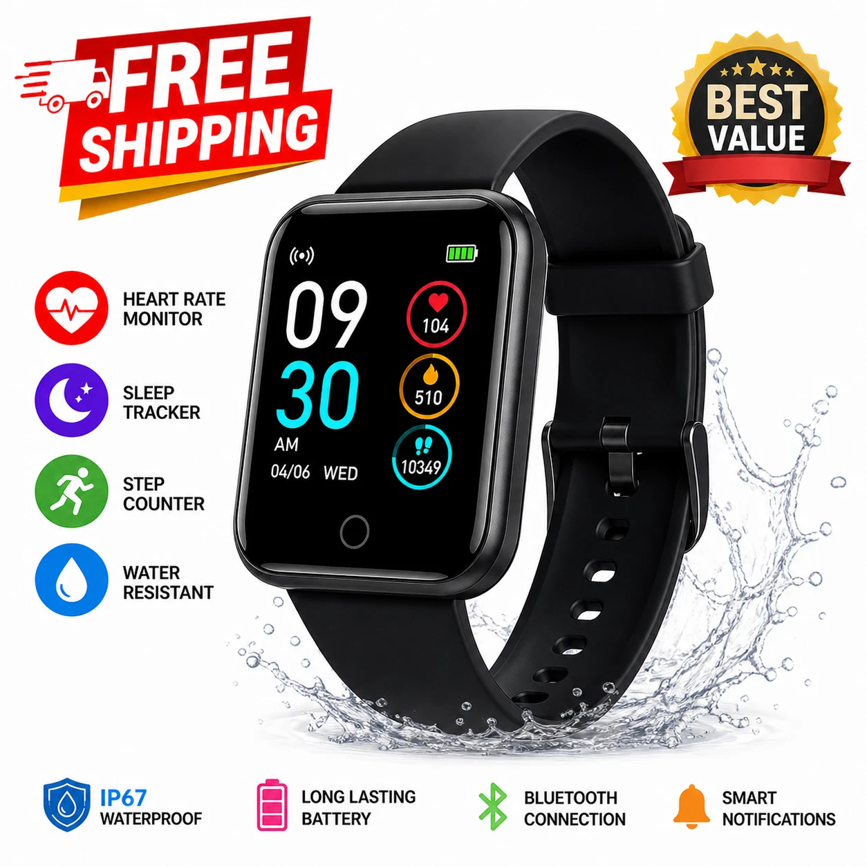 Smart Watch Fitness Tracker w/ Heart Rate Monitor, Step Counter, Sleep Tracker