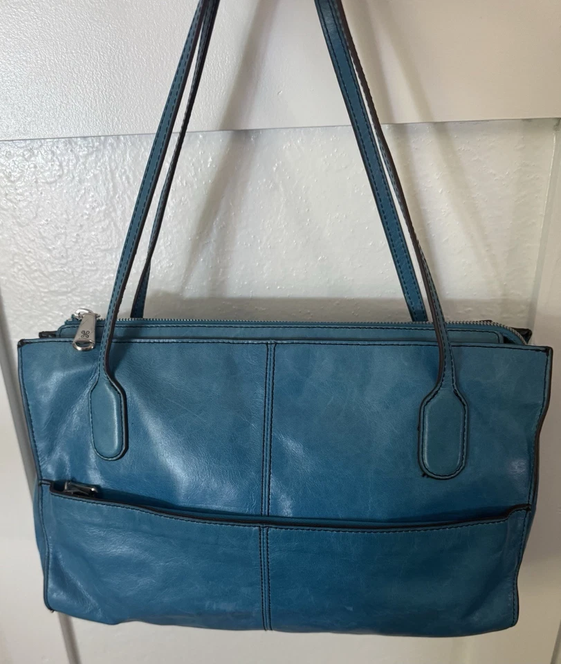 HOBO Vintage Tote Shoulder Handbag Turquoise Leather Double Handle Multi Pocket - Image 4 of 4