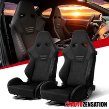 Universal Reclinable Bucket Sport Racing Seats Black Suede Silver Stitchslider