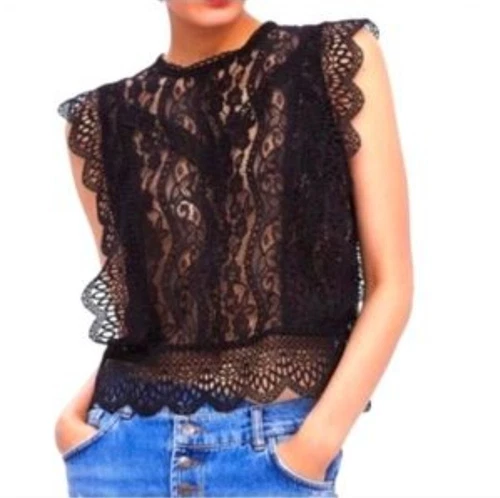 Zara Black Lace Guipure Crochet Sleeveless Top, Size XS. 