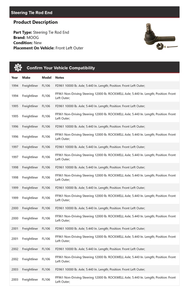 Extremo de barra de dirección exterior delantero izquierdo MOOG 1994-2003 Freightliner FL106 1994-2003 Foto 2 de 4