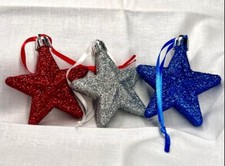 Hand Decorated Star Ornament Sets. 3 Sparkle Stars In Red, Silver, And Blue
