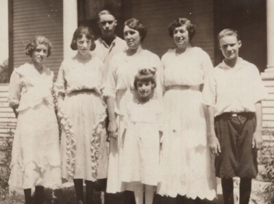1900s Family Group Portrait All White Attire House Background Vintage