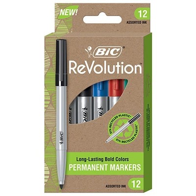 BIC ECOlutions Perm. Markers Bullet Tip 12/Pk Black Blue Green Red School Office