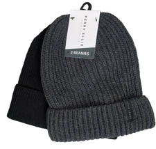 Lot of 2 - Perry Ellis Portfolio New Beanies Knit Hats, one Black, one Charcoal