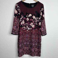 Adrianna Papell Dress Women's Medium Burgundy Paisley Floral 3/4 Sleeve Sheath