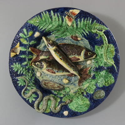School of Paris Majolica Palissy Fish, Reptile & Leaves Plate