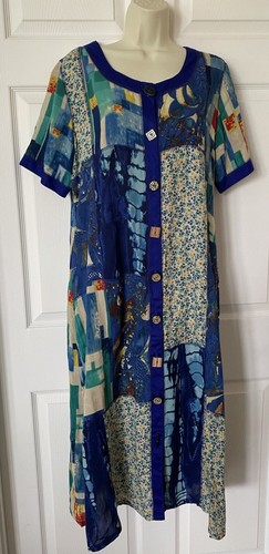La Cera Maxikleid Knopfleiste Kurzarm bunt Patchwork Viskose Gr. M