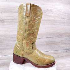 VTG Frye Campus Flower Boots Women 9 B Olive Green Square Toe Western