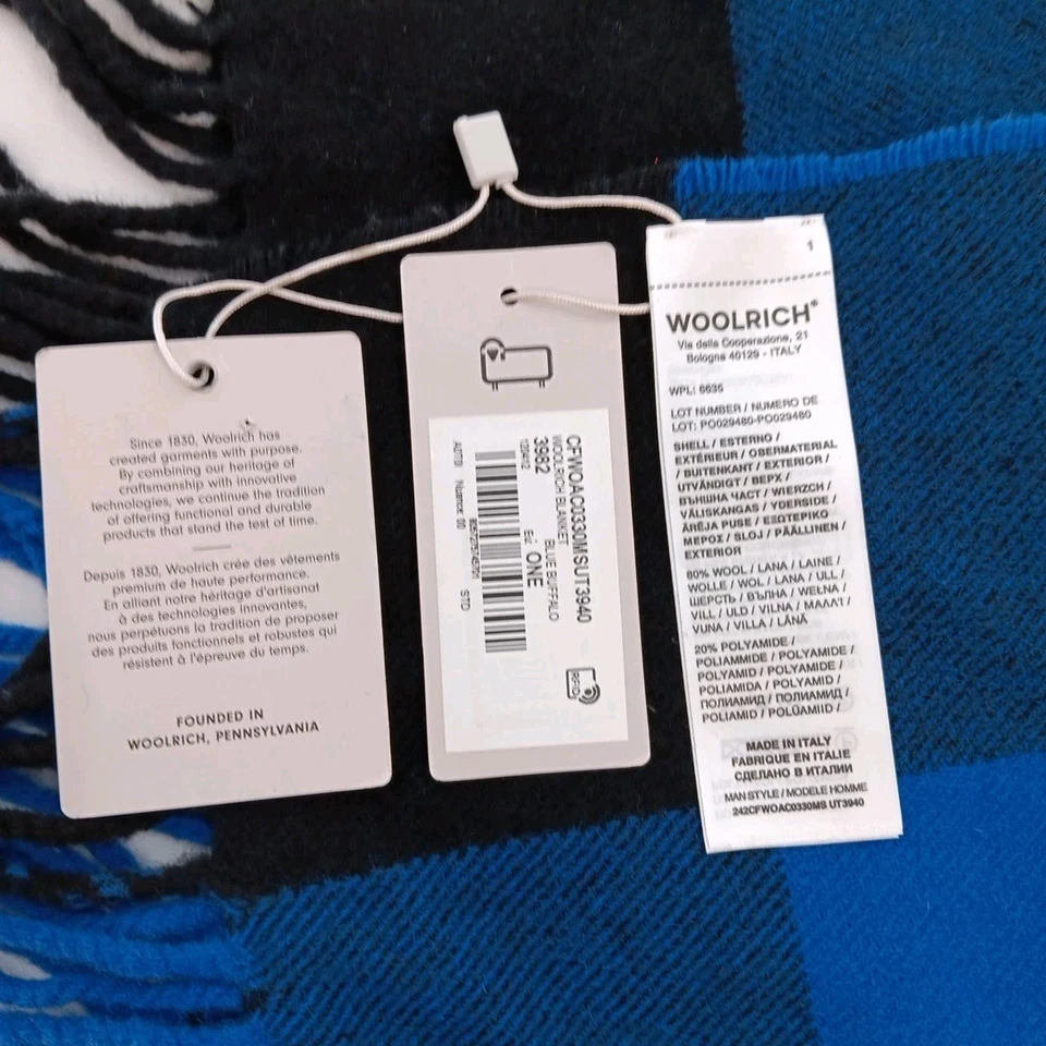 Woolrich Blanket Blue Black Buffalo Check Plaid Wool Throw Made in Italy Fringe - Image 4 of 4