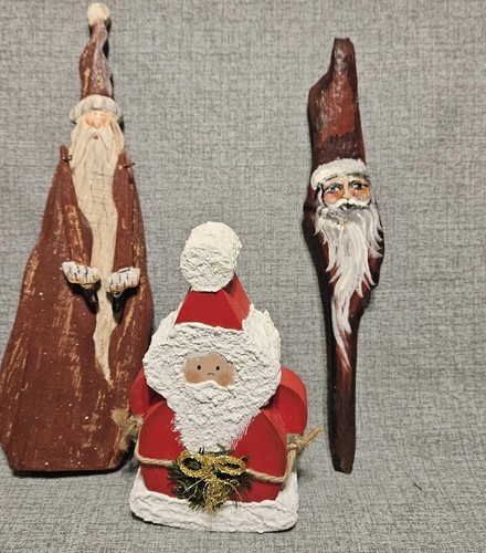 3 Vtg Santa Claus Hand Crafted Wood Decoration Rustic Folk Art Drift Barn