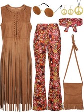 7 Pieces 60s 70s Women Hippie Costume Fringe Vest Bag Pant Headband for Disco
