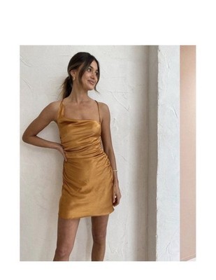 copper satin mini dress Ruched Satin Plunge Mini Dress