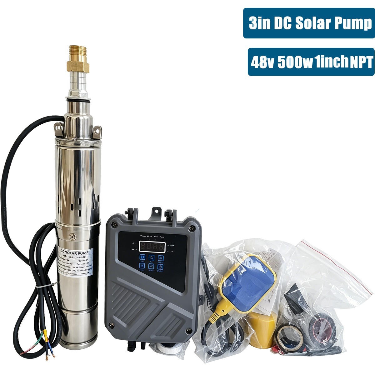 3" 500W Solar Pump Submersible Pump Bore DC 48V Deep Well Pump + MPPT Controller