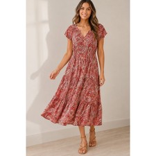 Old Navy Midi Dress Womens Large Red Paisley Tiered V-Neck Flutter Sleeve Boho