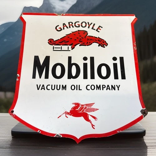 Vintage 11 3/4” X 11 3/4” Mobiloil GARGOYLE PEGASUS SHIELD Porcelain Metal SIGN