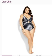 NWT City Chic Majorca Navy Blue Striped One Piece Swimsuit sz 14
