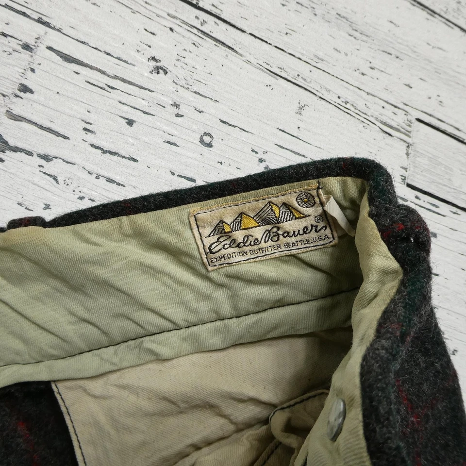Pantalones de Lana Eddie Bauer De Colección Para Hombres 38x29 Gris Rojo Garra a Cuadros Cremallera Soporte Botones Foto 3 de 4