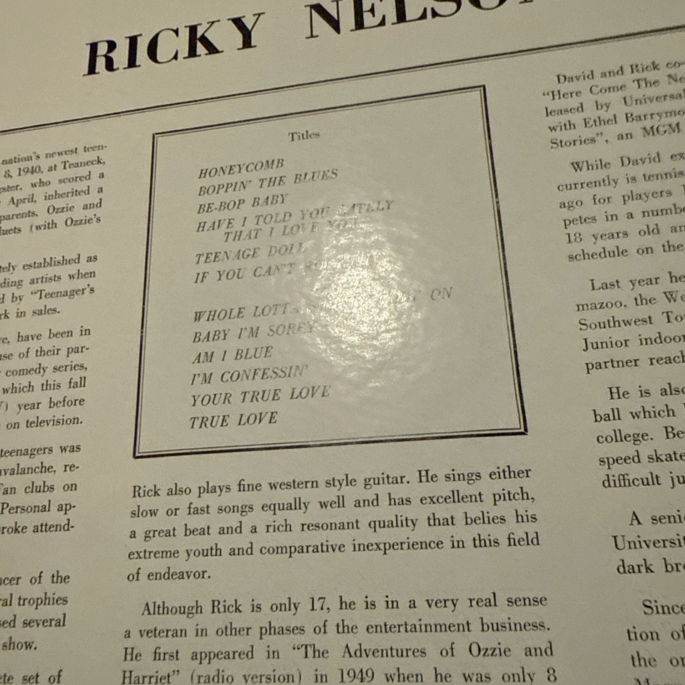 RICKY NELSON Ricky LP Record Imperial LP9048 US 1957 NM NM near mint rare! - Image 4 of 4