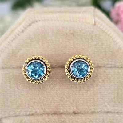 Gabriel & Co. 14kt Yellow & White Gold Blue Topaz Rope Bezel Stud Earrings
