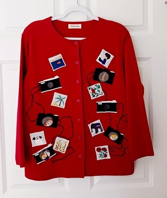 Vintage Bechamel Red Cotton Cardigan Size L Family Vacation Travel Embroidered
