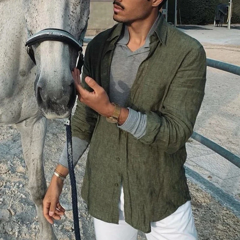 Zaire - Men's Long Sleeve Linen Shirt in Green and White Sizes S to 3XL - Image 3 of 4