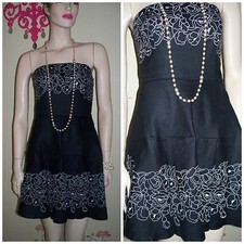 Ann Taylor LOFT Black White Linen Embroidered Floral Strapless Mini Dress size 2