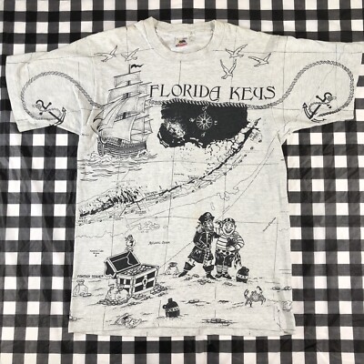 Pirates Florida Keys Treasure Map All Over Print Vintage T shirt Single Stitch