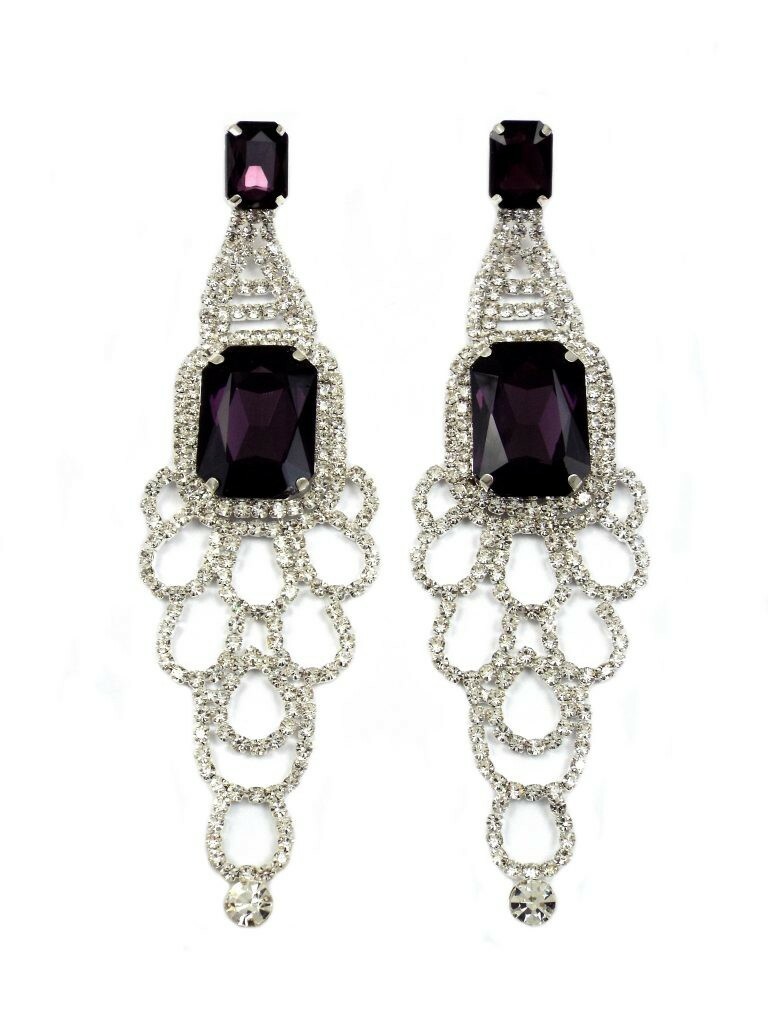 Pendientes largos de candelabro púrpura y plateado